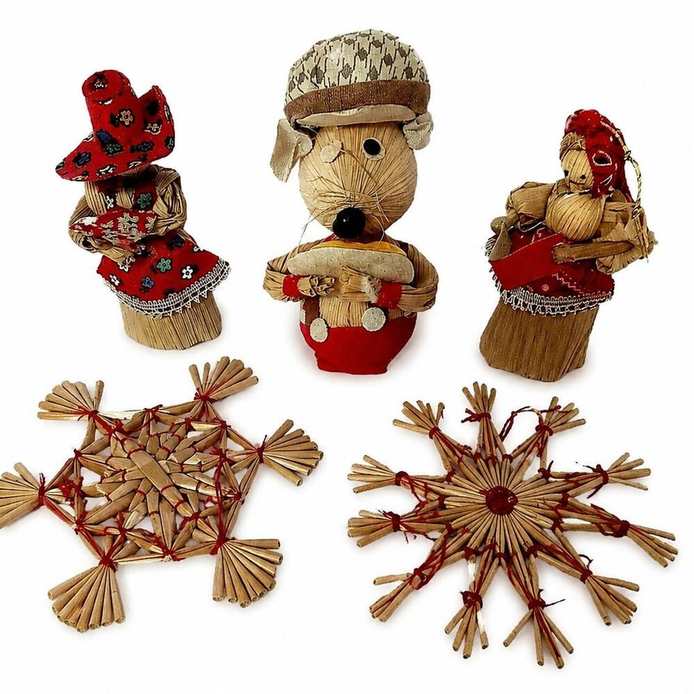 VTG Primitive Folk Art Christmas Decor Corn Husk Straw Ornaments of 5 Retro